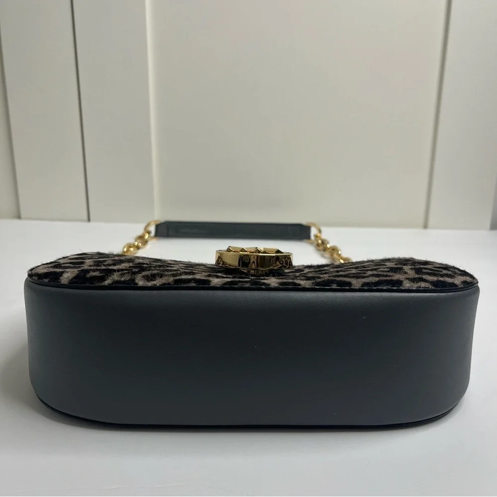 Michael Kors Carmen Small Gray Leather Leopard Haircalf Pouchette Handbag Purse - Picture 7 of 9